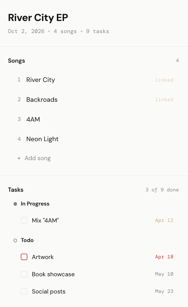 artist.dev workspace — release planning